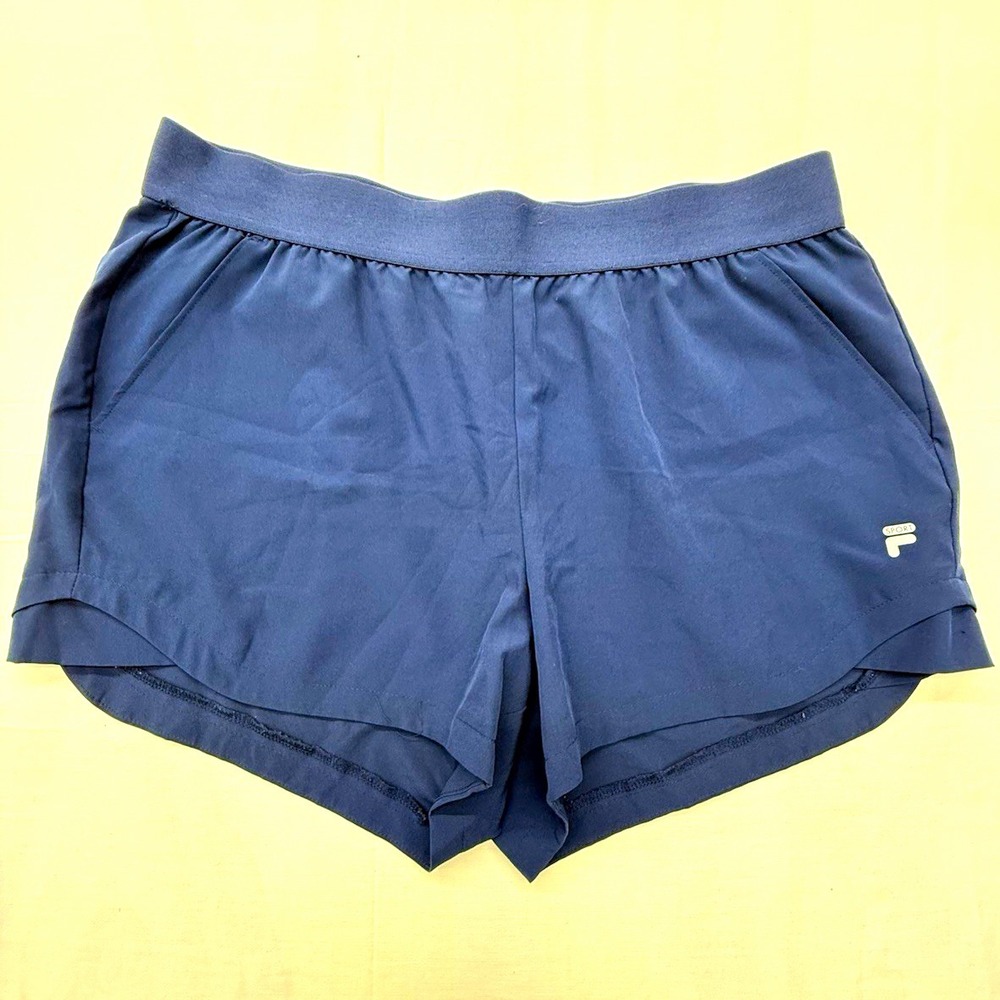 FILA SPORT Women's Blue Athletic Shorts Pull-On Elastic Waist Logo 2" Inseam